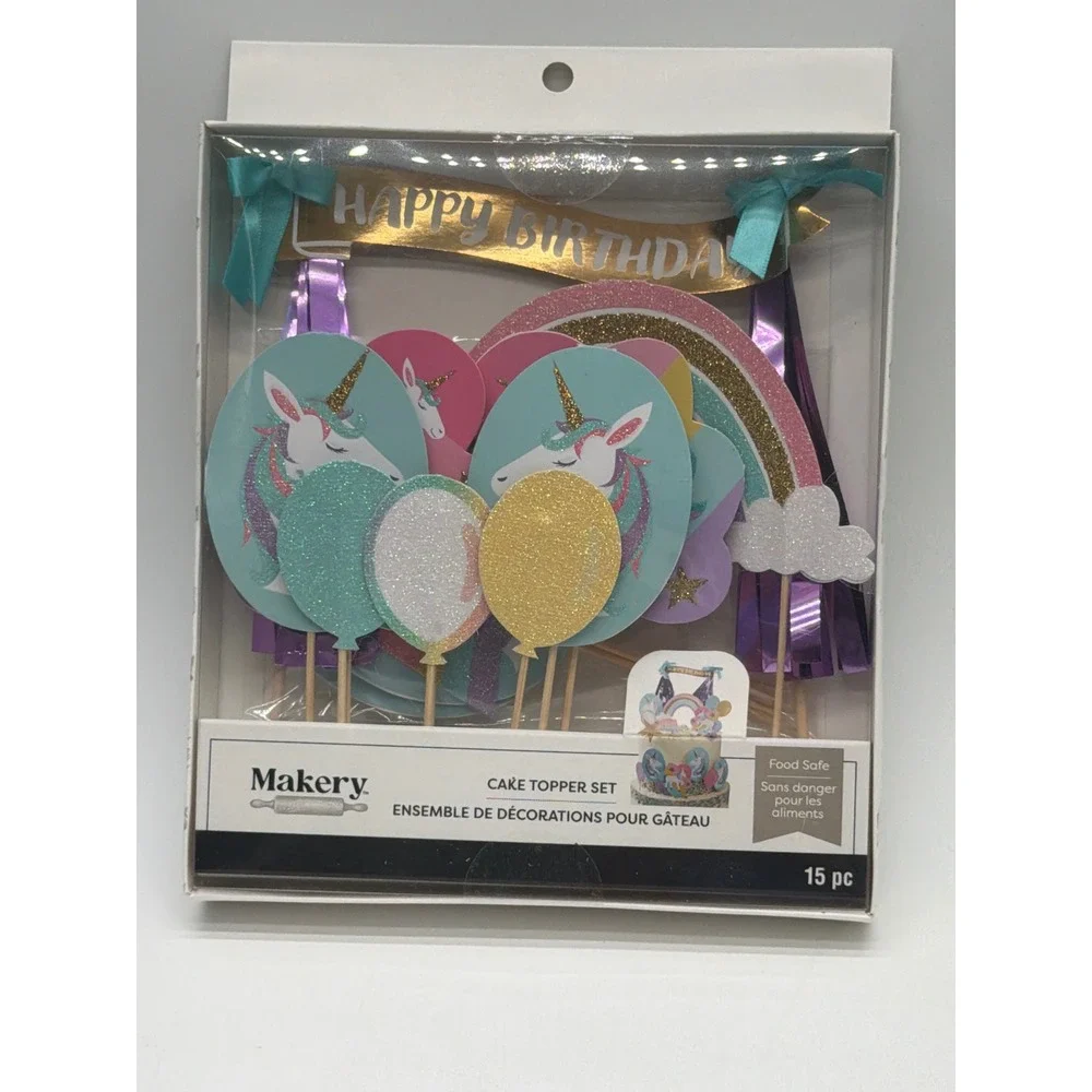 Makery Unicorn Rainbow Cake Topper Set 15pc Happy Birthday Party Decor Glitter